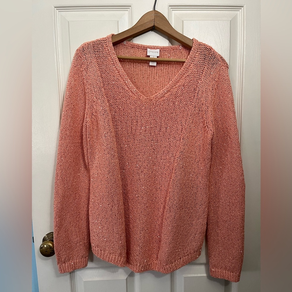 Chico's Coral Sequin V-Neck Pullover Knit Sweater Chicos Size 1